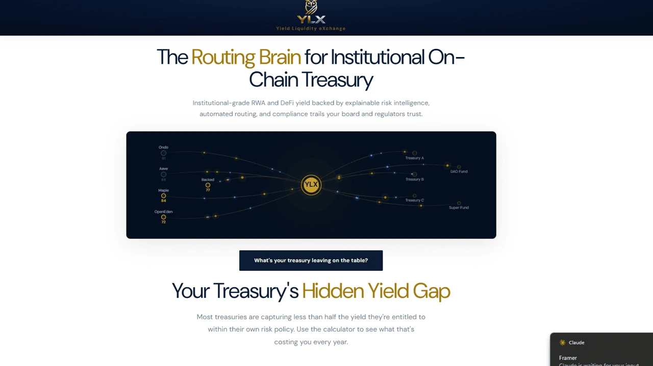 YLX project website describing treasury routing and analytics